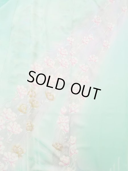 画像7: L0727T  振袖 女性用着物  シルク（正絹） 淡い 薄い 青緑色, ぼたん 【中古】 【USED】 【リサイクル】 ★☆☆☆☆ (7)