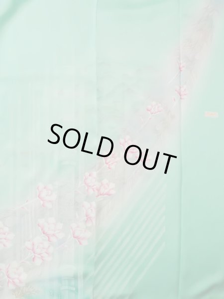 画像9: L0727T  振袖 女性用着物  シルク（正絹） 淡い 薄い 青緑色, ぼたん 【中古】 【USED】 【リサイクル】 ★☆☆☆☆ (9)