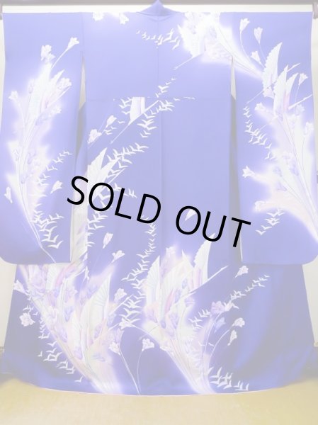 画像1: L0727U  振袖 女性用着物  シルク(正絹)  鮮やか 紫色, りんどう 【中古】 【USED】 【リサイクル】 ★★★☆☆ (1)