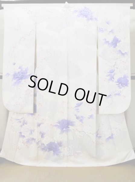 画像1: L0727X  振袖 女性用着物  シルク（正絹）  薄い 紫色, ぼたん 【中古】 【USED】 【リサイクル】 ★★☆☆☆ (1)