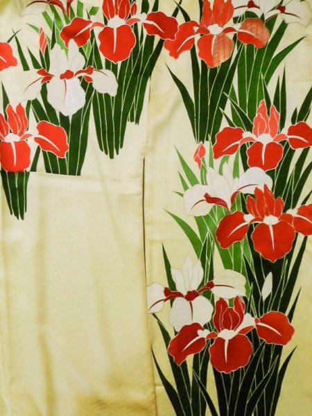 画像5: L0727Y  振袖 女性用着物 レア柄 シルク(正絹) 淡い 薄い 黄色, あやめ 【中古】 【USED】 【リサイクル】 ★★☆☆☆ (5)