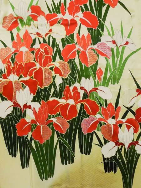 画像7: L0727Y  振袖 女性用着物 レア柄 シルク(正絹) 淡い 薄い 黄色, あやめ 【中古】 【USED】 【リサイクル】 ★★☆☆☆ (7)