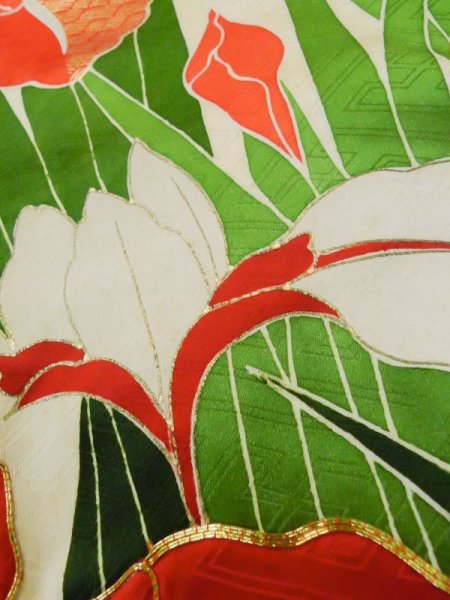 画像12: L0727Y  振袖 女性用着物 レア柄 シルク(正絹) 淡い 薄い 黄色, あやめ 【中古】 【USED】 【リサイクル】 ★★☆☆☆ (12)