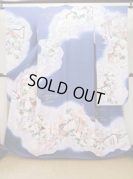 画像2: L0727Z  振袖 女性用着物 几帳、貝桶柄 シルク(正絹)  鮮やか 青, ぼたん 【中古】 【USED】 【リサイクル】 ★★☆☆☆ (2)