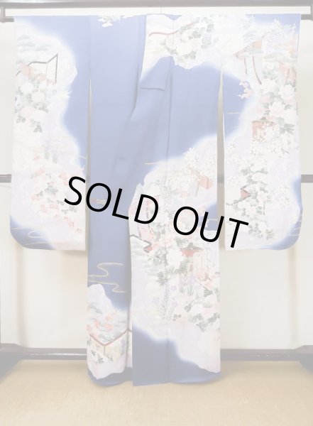 画像3: L0727Z  振袖 女性用着物 几帳、貝桶柄 シルク(正絹)  鮮やか 青, ぼたん 【中古】 【USED】 【リサイクル】 ★★☆☆☆ (3)