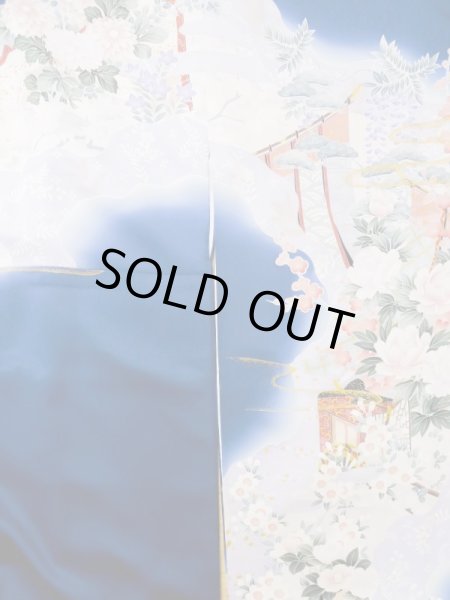 画像5: L0727Z  振袖 女性用着物 几帳、貝桶柄 シルク(正絹)  鮮やか 青, ぼたん 【中古】 【USED】 【リサイクル】 ★★☆☆☆ (5)