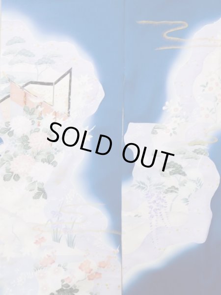 画像6: L0727Z  振袖 女性用着物 几帳、貝桶柄 シルク(正絹)  鮮やか 青, ぼたん 【中古】 【USED】 【リサイクル】 ★★☆☆☆ (6)