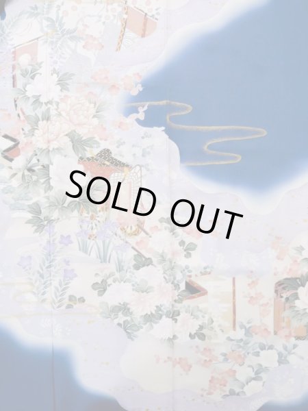 画像7: L0727Z  振袖 女性用着物 几帳、貝桶柄 シルク(正絹)  鮮やか 青, ぼたん 【中古】 【USED】 【リサイクル】 ★★☆☆☆ (7)