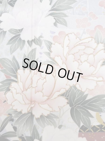 画像9: L0727Z  振袖 女性用着物 几帳、貝桶柄 シルク(正絹)  鮮やか 青, ぼたん 【中古】 【USED】 【リサイクル】 ★★☆☆☆ (9)