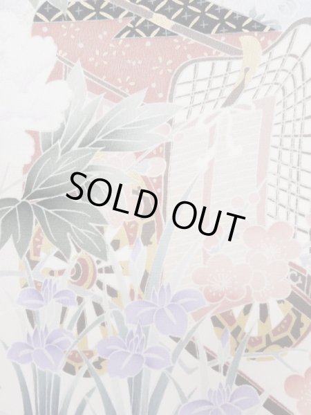 画像10: L0727Z  振袖 女性用着物 几帳、貝桶柄 シルク(正絹)  鮮やか 青, ぼたん 【中古】 【USED】 【リサイクル】 ★★☆☆☆ (10)