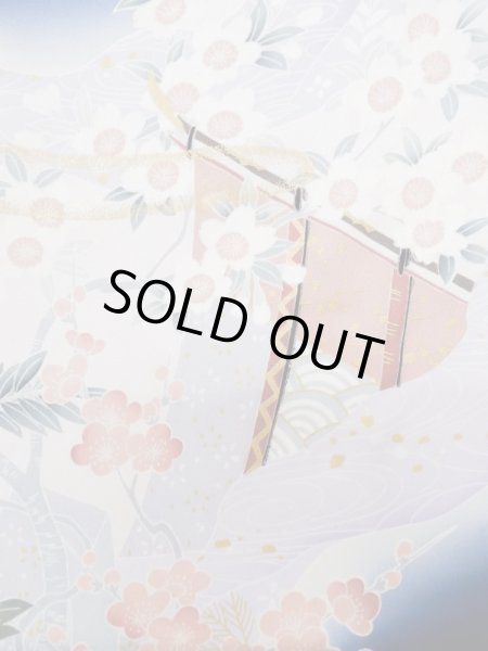 画像11: L0727Z  振袖 女性用着物 几帳、貝桶柄 シルク(正絹)  鮮やか 青, ぼたん 【中古】 【USED】 【リサイクル】 ★★☆☆☆ (11)