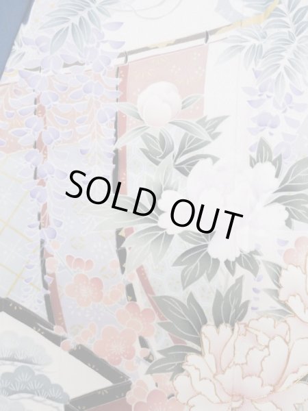 画像12: L0727Z  振袖 女性用着物 几帳、貝桶柄 シルク(正絹)  鮮やか 青, ぼたん 【中古】 【USED】 【リサイクル】 ★★☆☆☆ (12)