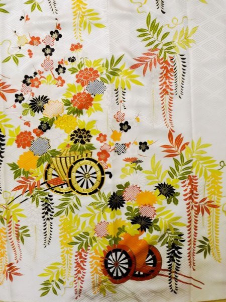 画像7: L0728A  振袖 女性用着物  シルク(正絹)   オフ ホワイト, ぼたん 【中古】 【USED】 【リサイクル】 ★★☆☆☆ (7)