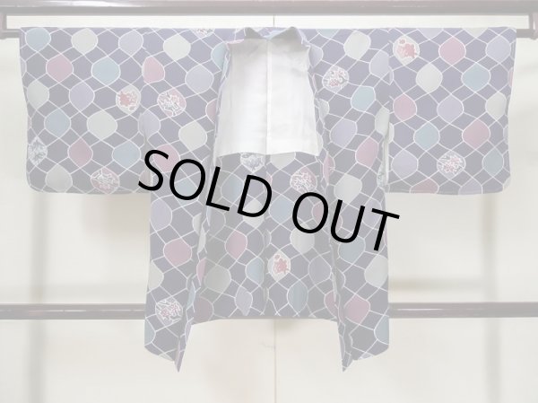 画像1: L0803D  羽織 女性用着物  シルク（正絹）   紺, 花 【中古】 【USED】 【リサイクル】 ★★☆☆☆ (1)