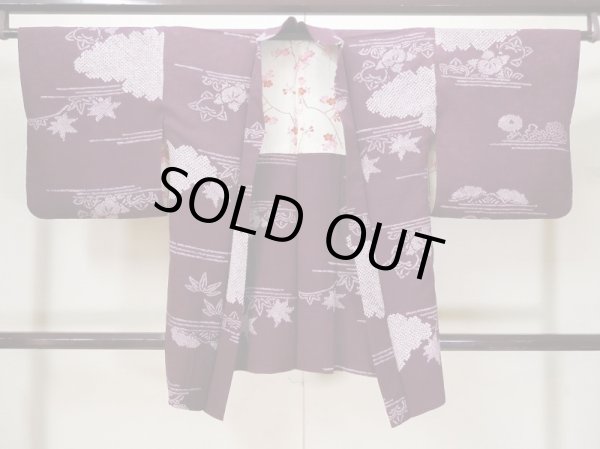 画像1: L0921G  羽織 女性用着物  シルク（正絹） 深い 赤み 紫色, 花 【中古】 【USED】 【リサイクル】 ★★☆☆☆ (1)