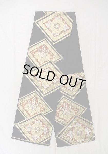 画像1: L0928J 袋帯 女性用着物 シルク（正絹）   黒 菊 【中古】 【USED】 【リサイクル】 ★★☆☆☆ (1)