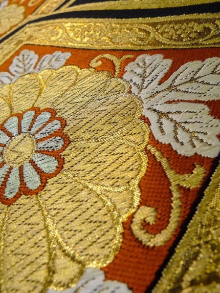 画像9: L0928J 袋帯 女性用着物 シルク(正絹)   黒 菊 【中古】 【USED】 【リサイクル】 ★★☆☆☆ (9)