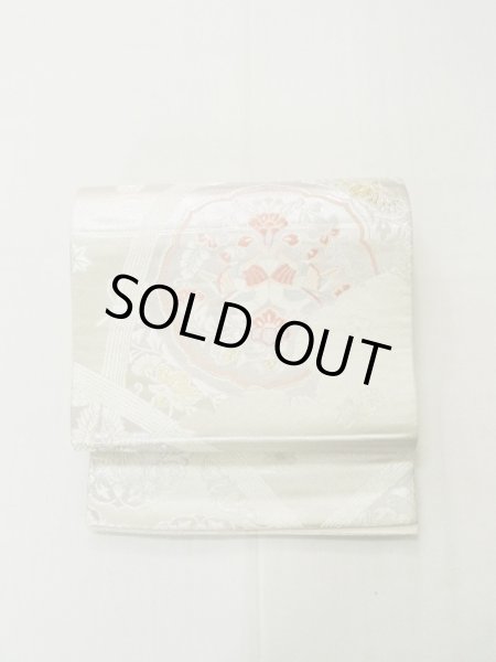 画像2: L0928M 袋帯 女性用着物 シルク（正絹）  光沢のある 銀色 鳥 【中古】 【USED】 【リサイクル】 ★★☆☆☆ (2)