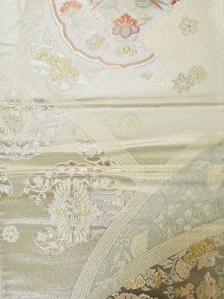 画像4: L0928M 袋帯 女性用着物 シルク(正絹)  光沢のある 銀色 鳥 【中古】 【USED】 【リサイクル】 ★★☆☆☆ (4)