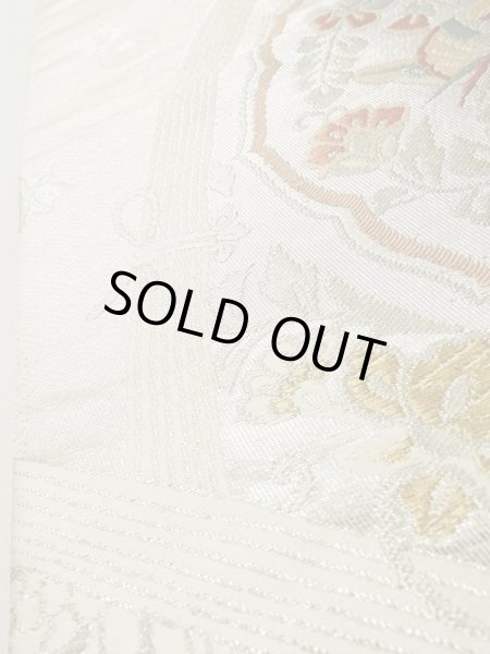 画像10: L0928M 袋帯 女性用着物 シルク（正絹）  光沢のある 銀色 鳥 【中古】 【USED】 【リサイクル】 ★★☆☆☆ (10)