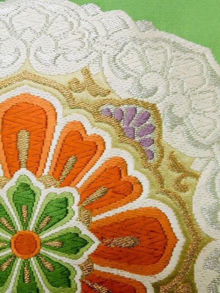 画像7: L0928U 袋帯 女性用着物 シルク(正絹)   黄緑色 更紗 【中古】 【USED】 【リサイクル】 ★★☆☆☆ (7)