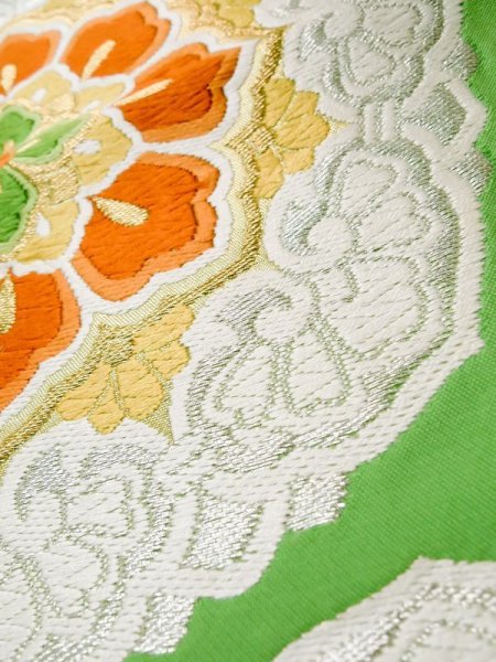 画像8: L0928U 袋帯 女性用着物 シルク(正絹)   黄緑色 更紗 【中古】 【USED】 【リサイクル】 ★★☆☆☆ (8)