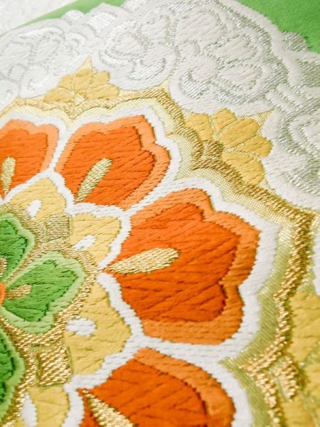 画像9: L0928U 袋帯 女性用着物 シルク(正絹)   黄緑色 更紗 【中古】 【USED】 【リサイクル】 ★★☆☆☆ (9)