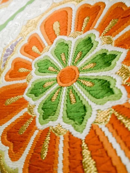 画像10: L0928U 袋帯 女性用着物 シルク(正絹)   黄緑色 更紗 【中古】 【USED】 【リサイクル】 ★★☆☆☆ (10)