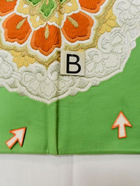 画像13: L0928U 袋帯 女性用着物 シルク(正絹)   黄緑色 更紗 【中古】 【USED】 【リサイクル】 ★★☆☆☆ (13)
