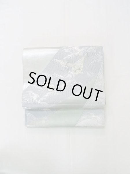 画像2: L0928W 袋帯 女性用着物 シルク(正絹) 淡い 薄い 青緑色 波 薄い【中古】 【USED】 【リサイクル】 ★★★★☆ (2)