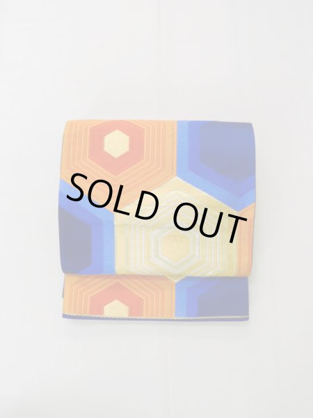 画像2: L0928Y 袋帯 女性用着物 シルク(正絹)   青 亀甲 【中古】 【USED】 【リサイクル】 ★★★☆☆ (2)