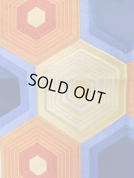 画像4: L0928Y 袋帯 女性用着物 シルク(正絹)   青 亀甲 【中古】 【USED】 【リサイクル】 ★★★☆☆ (4)