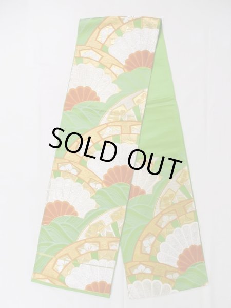 画像1: L1005B 袋帯 女性用着物 シルク(正絹)   緑色 菊 【中古】 【USED】 【リサイクル】 ★★★☆☆ (1)