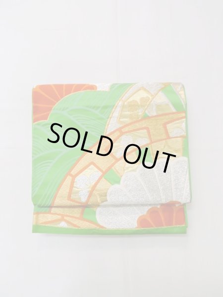 画像2: L1005B 袋帯 女性用着物 シルク(正絹)   緑色 菊 【中古】 【USED】 【リサイクル】 ★★★☆☆ (2)