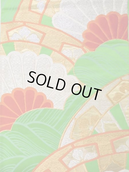 画像3: L1005B 袋帯 女性用着物 シルク(正絹)   緑色 菊 【中古】 【USED】 【リサイクル】 ★★★☆☆ (3)