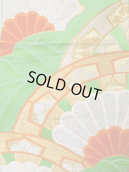 画像4: L1005B 袋帯 女性用着物 シルク(正絹)   緑色 菊 【中古】 【USED】 【リサイクル】 ★★★☆☆ (4)