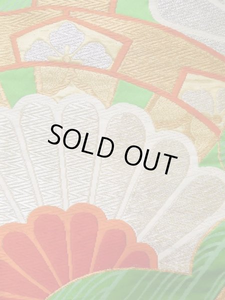 画像6: L1005B 袋帯 女性用着物 シルク(正絹)   緑色 菊 【中古】 【USED】 【リサイクル】 ★★★☆☆ (6)