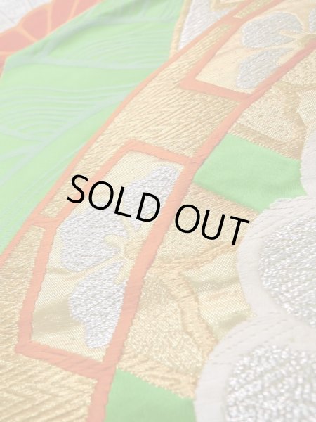 画像8: L1005B 袋帯 女性用着物 シルク(正絹)   緑色 菊 【中古】 【USED】 【リサイクル】 ★★★☆☆ (8)