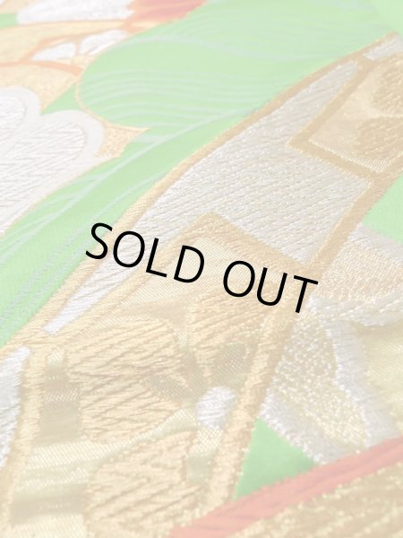 画像9: L1005B 袋帯 女性用着物 シルク(正絹)   緑色 菊 【中古】 【USED】 【リサイクル】 ★★★☆☆ (9)