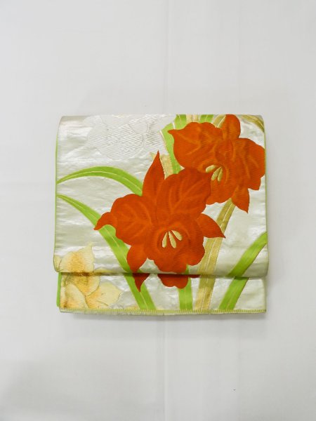 画像2: L1005J 袋帯 女性用着物 シルク(正絹)   銀色 あやめ 【中古】 【USED】 【リサイクル】 ★★★☆☆ (2)