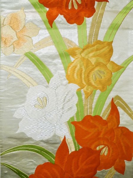 画像3: L1005J 袋帯 女性用着物 シルク(正絹)   銀色 あやめ 【中古】 【USED】 【リサイクル】 ★★★☆☆ (3)