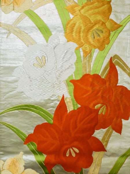 画像4: L1005J 袋帯 女性用着物 シルク(正絹)   銀色 あやめ 【中古】 【USED】 【リサイクル】 ★★★☆☆ (4)