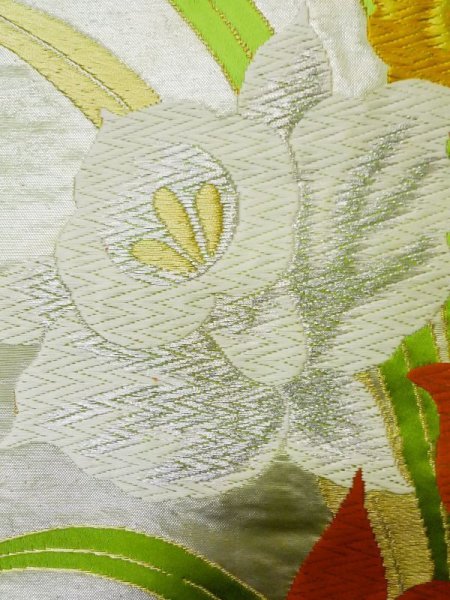 画像5: L1005J 袋帯 女性用着物 シルク(正絹)   銀色 あやめ 【中古】 【USED】 【リサイクル】 ★★★☆☆ (5)