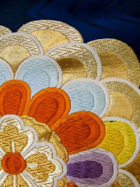 画像6: L1005R 袋帯 女性用着物 シルク(正絹)  深い 青 花 【中古】 【USED】 【リサイクル】 ★★★☆☆ (6)