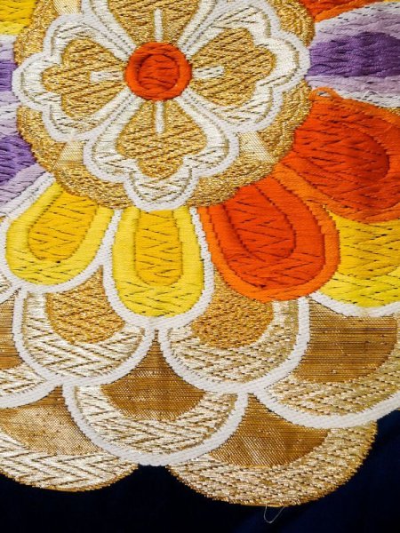 画像7: L1005R 袋帯 女性用着物 シルク(正絹)  深い 青 花 【中古】 【USED】 【リサイクル】 ★★★☆☆ (7)