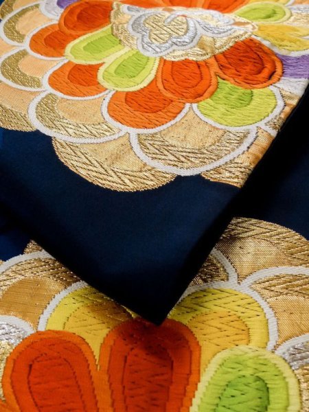 画像11: L1005R 袋帯 女性用着物 シルク(正絹)  深い 青 花 【中古】 【USED】 【リサイクル】 ★★★☆☆ (11)