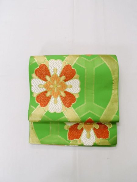 画像4: L1005Z 袋帯 女性用着物 シルク(正絹)   黄緑色 花 【中古】 【USED】 【リサイクル】 ★★★☆☆ (4)