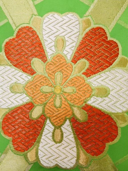 画像9: L1005Z 袋帯 女性用着物 シルク(正絹)   黄緑色 花 【中古】 【USED】 【リサイクル】 ★★★☆☆ (9)