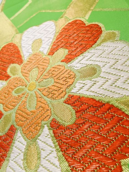 画像10: L1005Z 袋帯 女性用着物 シルク(正絹)   黄緑色 花 【中古】 【USED】 【リサイクル】 ★★★☆☆ (10)