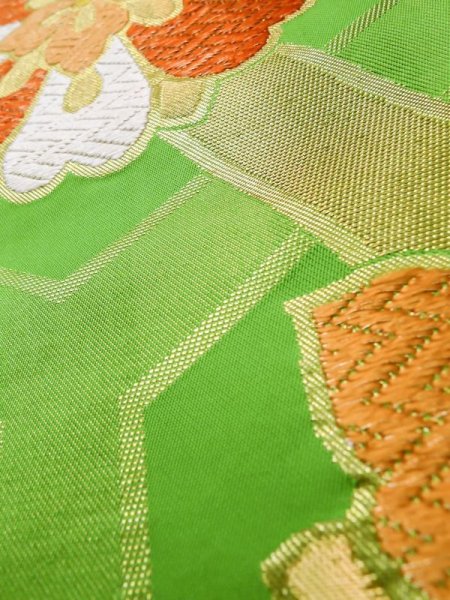 画像11: L1005Z 袋帯 女性用着物 シルク(正絹)   黄緑色 花 【中古】 【USED】 【リサイクル】 ★★★☆☆ (11)